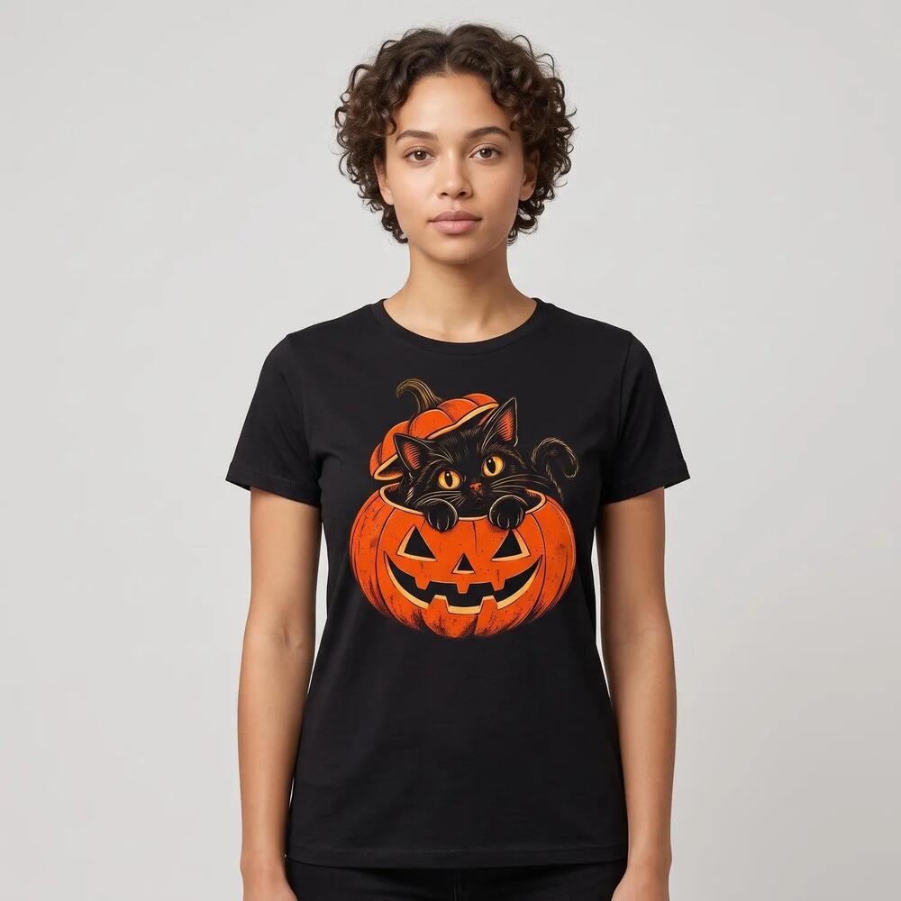Black Cat Pumpkin Halloween Tee, Retro Shirt